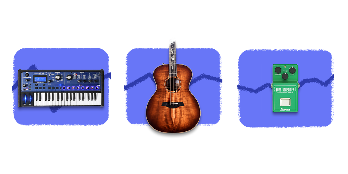 A keyboard, a guitar, and a pedal