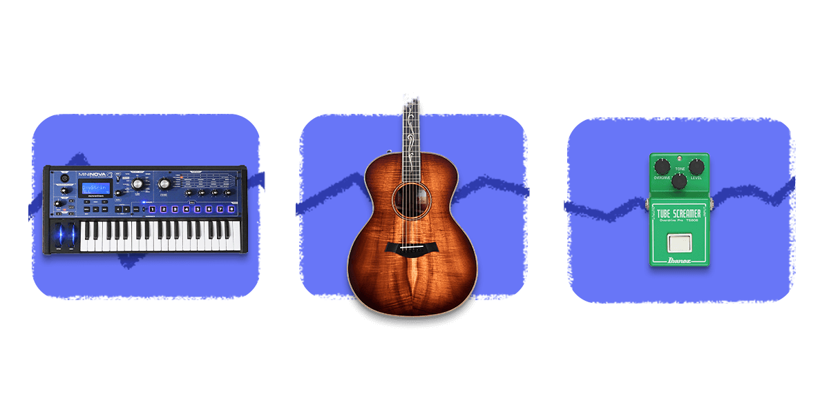 A keyboard, a guitar, and a pedal